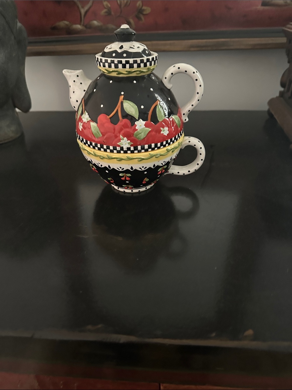 Hand-Painted Black and Red Decorative Teapot with cup Artistic Home Accent